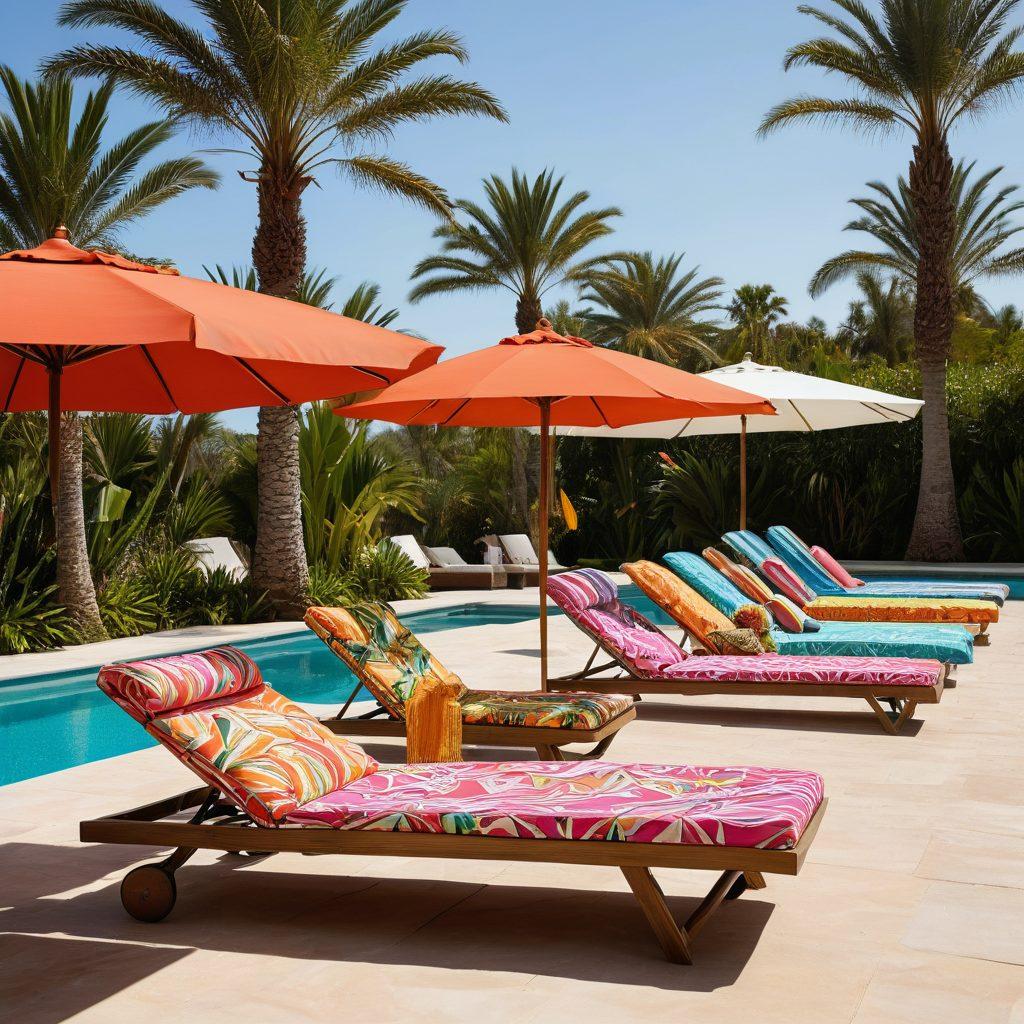 A stylish outdoor scene showcasing diverse swimwear fashion essentials, featuring vibrant colors and bold patterns. Include a chic poolside lounge area on one side and a glamorous beach scene on the other, complete with sun umbrellas and palm trees. Emphasize the variety of swimwear styles, from trendy bikinis to elegant one-pieces. Add accessories like sunglasses and beach hats for a complete look. sun-kissed glow. vibrant colors. 3D.